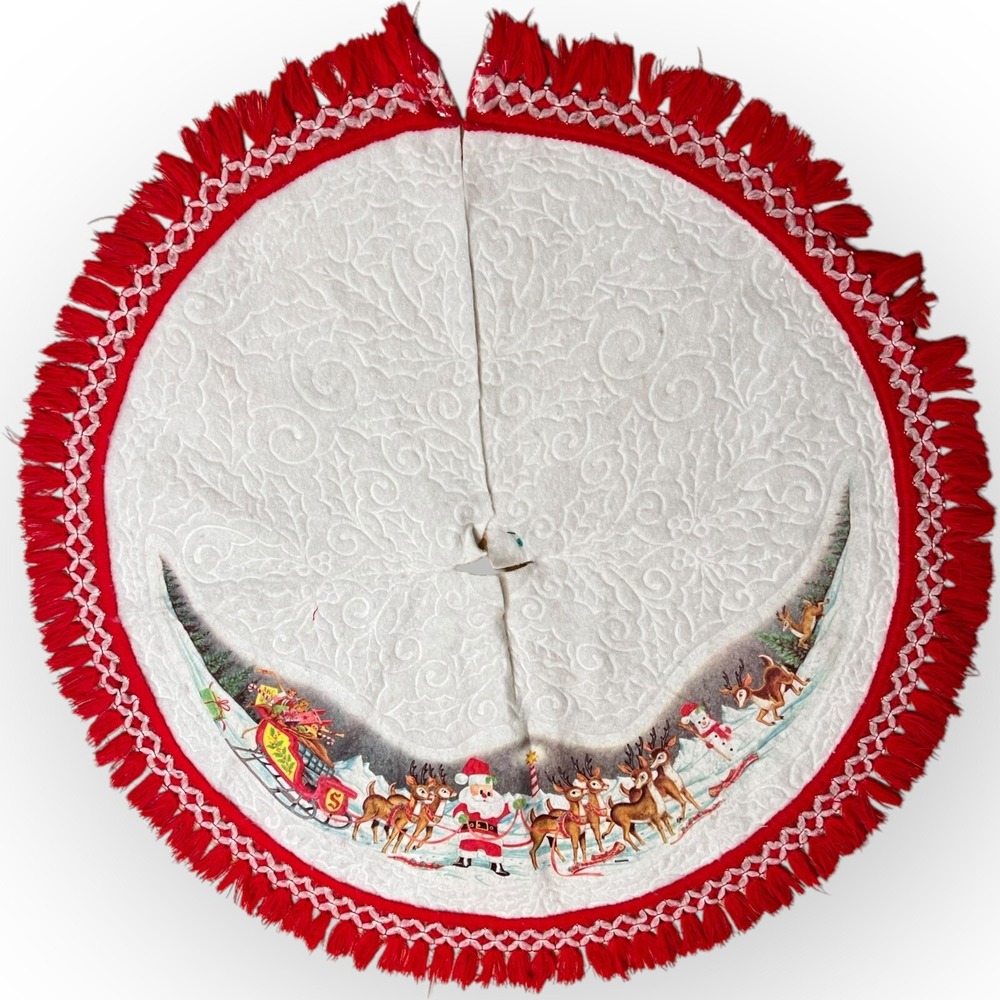 Vtg‎ Santa North Pole Reindeer Sleigh Fringe Edge Christmas Tree Felt Skirt 40"